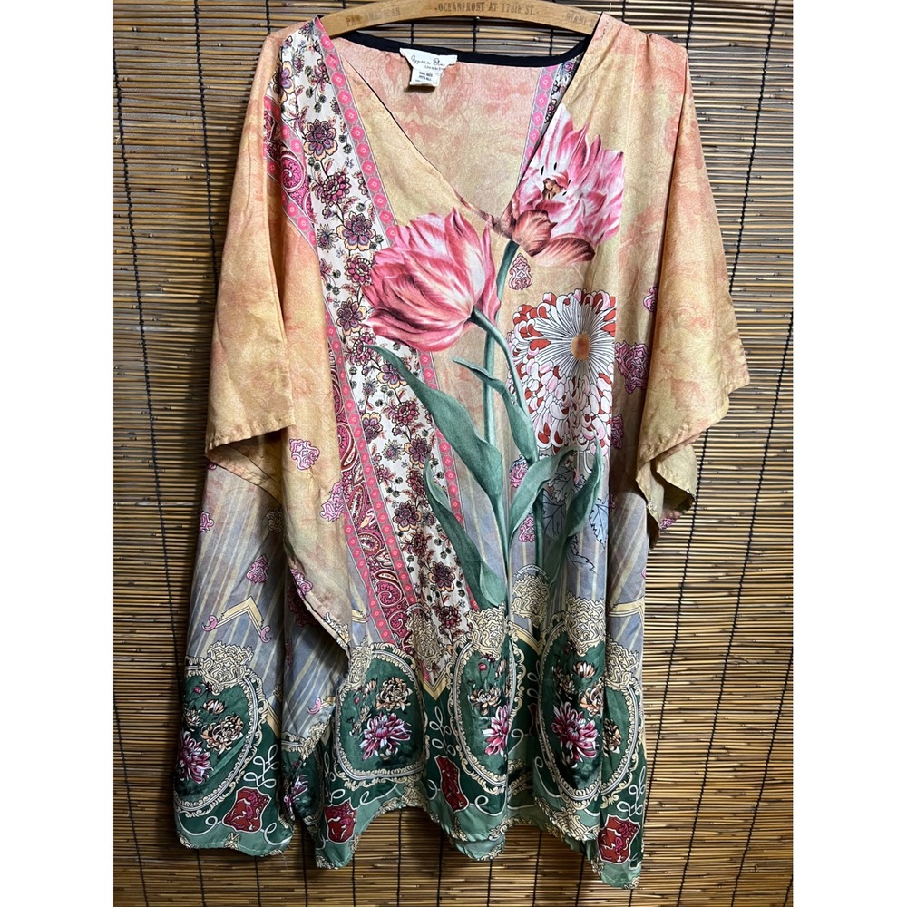 Gypsie Blu Floral Kaftan Top One Size V-Neck Tulip Paisley Print Boho Multi